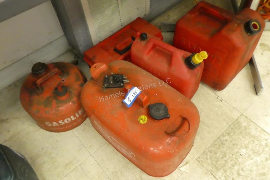 Gas tank, 3 gas cans and box