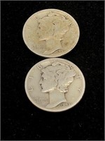 Pair of Vintage 10C Mercury Silver Dime Coins