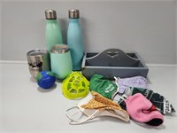 Water Bottles, Wooden Basket, Masks