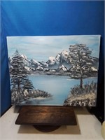 Oil on canvas mountains with lake signed by