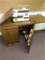 Sewing table & singer sewing machine, etc.