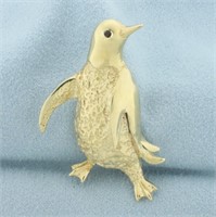 Ruby Dancing Penguin Pin in 14k Yellow Gold