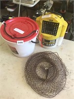 2 minnow buckets and fishing basket