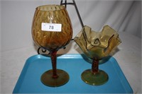 2PC VINTAGE AMBER ART GLASS