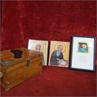 Shoe shine box and religious décor.