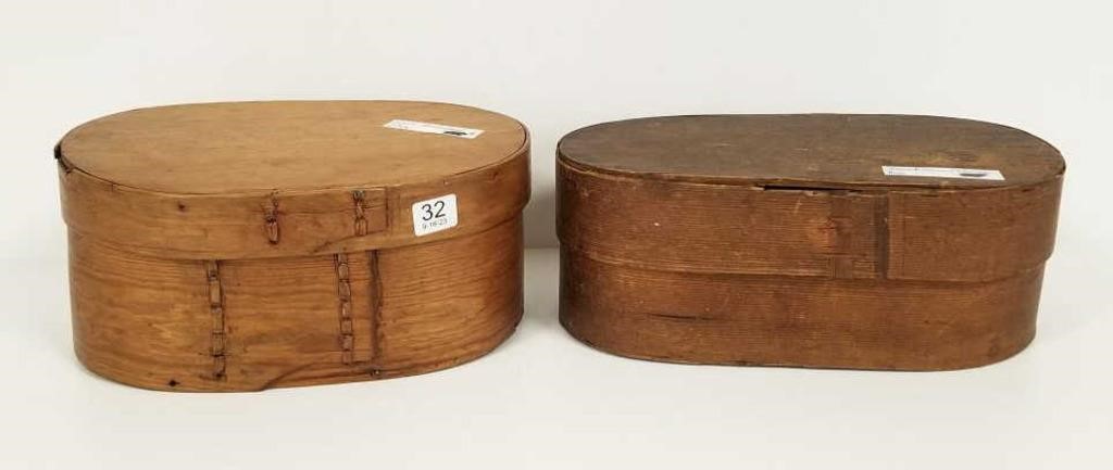 2 antique wooden tine / storage boxes - 11" widest