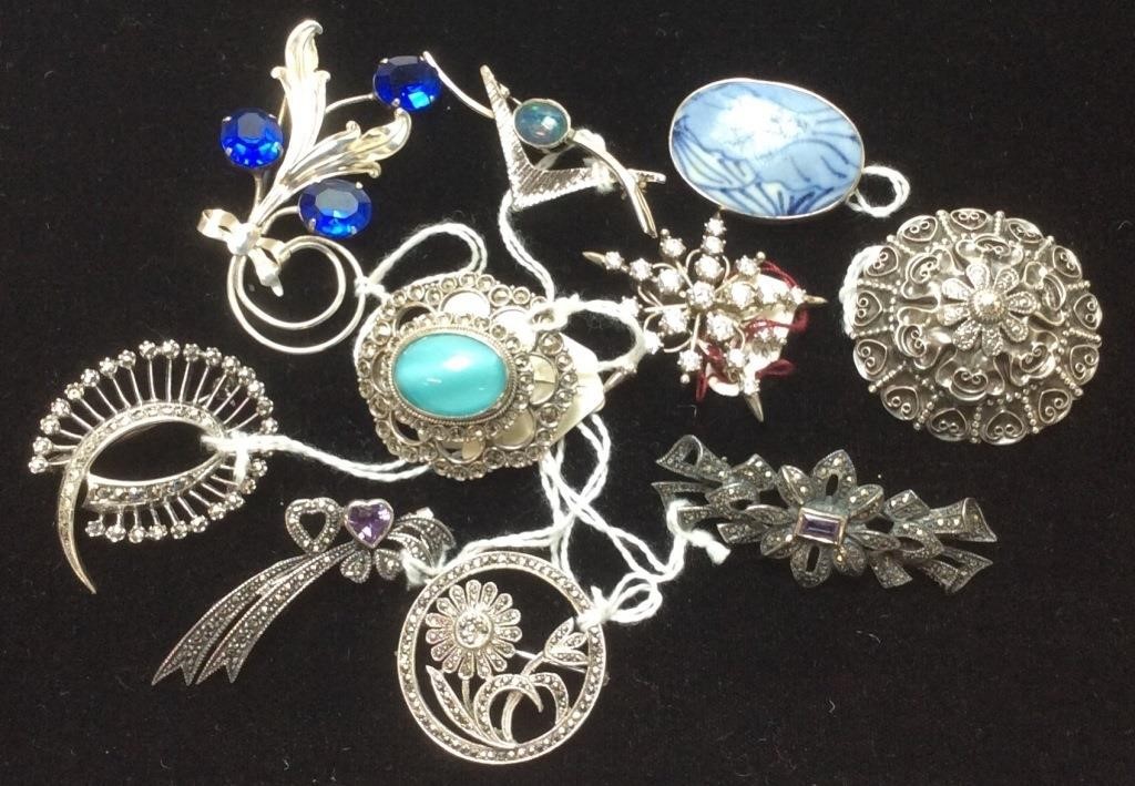 10 VINTAGE STERLING BROOCHES