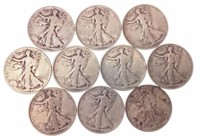 (10) 1937-38 Walking Liberty 90% Silver Half