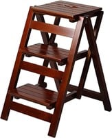 3 Step Stool Wooden Ladder Chair  Dark Coffee