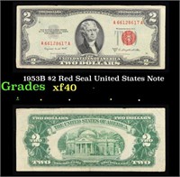 1953B $2 Red Seal United States Note Grades xf