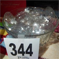 GLASS BOWL FILLED WITH CLEAR GLASS ORNAMENTS