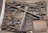 box lot old style sockets; tire irons; grinding