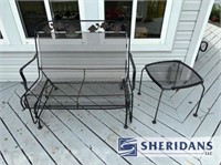 WROUGHT IRON PATIO GLIDER AND SIDE TABLE
