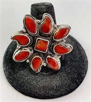 Large Sterling Coral Statement Ring 14 Gram S-9-11