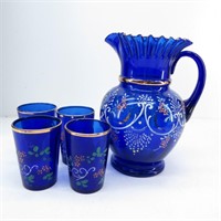 Cobalt Blue Art Glass Pitcher & 4 Juice Glasses