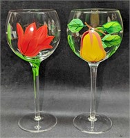 2 Tall Stem Hand Painted Fruit Flowers Wine Glasse