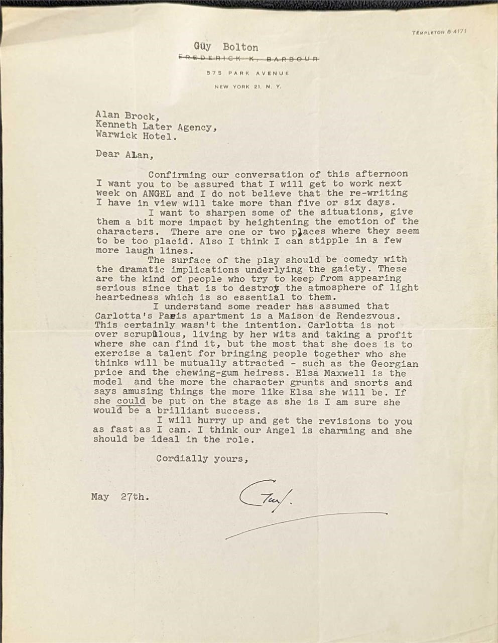Signed Guy Bolton Playwright Letter