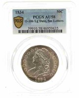 1834 US CAPPED BUST 50C SILVER COIN PCGS AU58