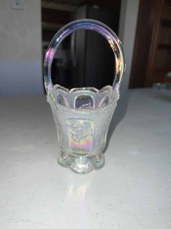 Opalescent carnival glass basket