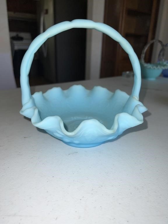 Fenton frosted light blue basket