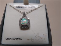 MARKED STERLING SILVER W/ LAB CREATED OPAL PENDANT