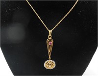 14KT GOLD RUBY & DIAMOND PENDANT WITH SEED PEARLS