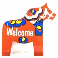 Swedish Hanging Red Metal Welcome Dala Horse Sign