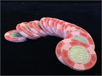 20- 1965 North Shore $5 Poker Chips, lake Tahoe,