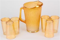 Jeanette Marigold Carnival Glass Pitcher, Tumblers