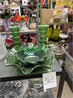 VTG green glass bowls pilar vases lot