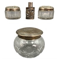 4 Antique Glass & Sterling Lidded Vanity Jars