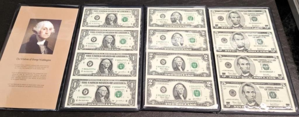 Uncut Sheets of $1.00, $2.00  & $5.00 Bills