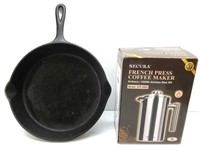 French Press & Cast Iron Skillet 10"R
