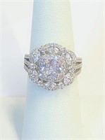 .925 Silver Zircon Ring Floral Design Sz 6 E