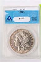 Coin 1892-P  Morgan Silver Dollar ANACS EF45