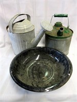 Metal Watering Can, Metal Oil Can and Enamel Bowl