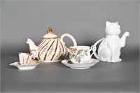 Atq/Vtg Gilded Teacups/Saucers/Teapot, Cat Teapot