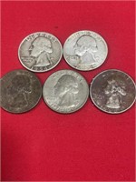 5 Washington quarters 1954,1952D,1969, 1976,1965
