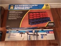 Garage Storage rack and bins. In boxes