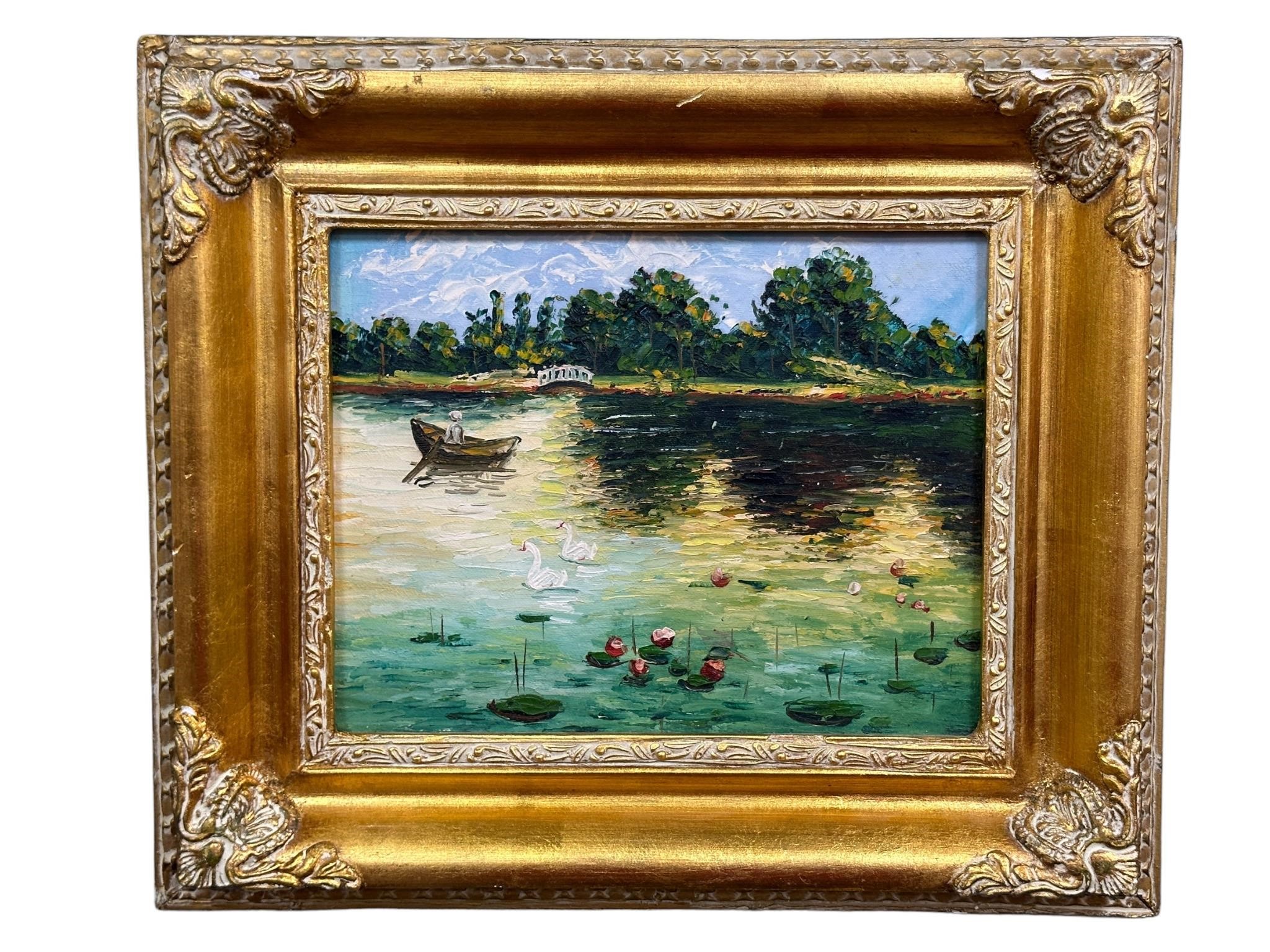 Framed Oil on Canvas Pond Scene Painting