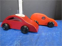 2 WOOD CARS SIGNED, PAINTED