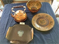 Copper kettle, amber bowl & dish & glass amber