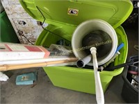 Tote w/ pvc pipe, curtain rods, water filters &