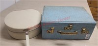 Vintage sewing box & contents & hat box w/ doll