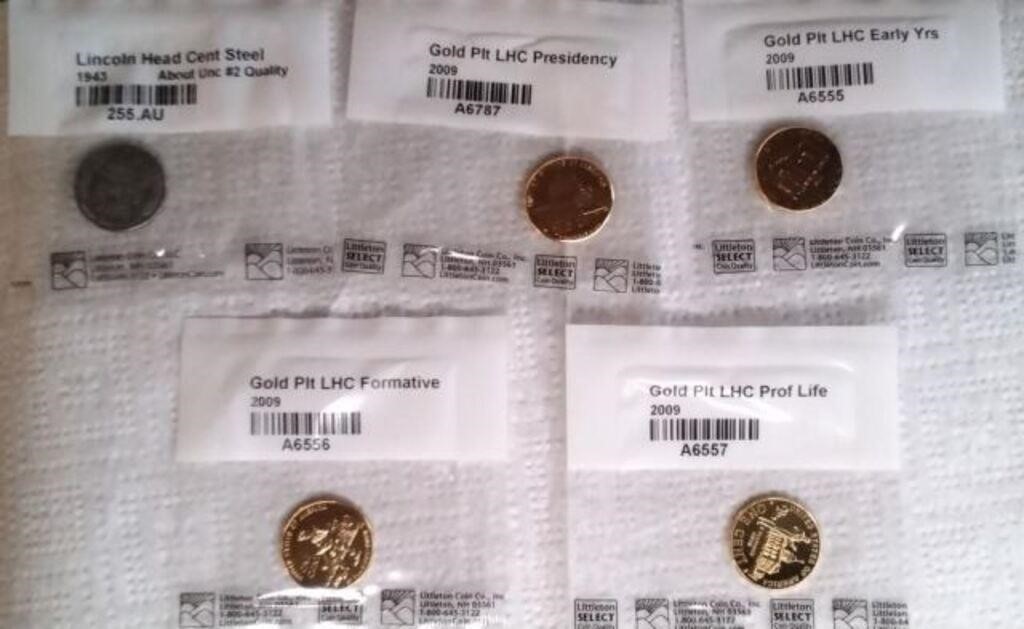 4 - Gold plated Lincoln Head pennies.  1 - 1943