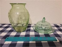 Green Depression Glass Butter Dish & Vase