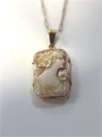 10K Antique Carved Shell Cameo Pendant & Chain