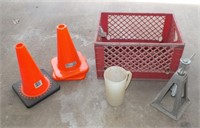 CRATE, SAFETY CONES AND JACK STAND