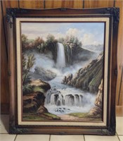 Wood Framed Scenic Waterfall Canvas Painting