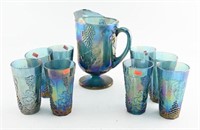 9pc Iridescent carnival glass juice pitcher and